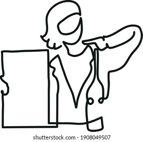 One line drawing of nurse in protective face mask.
One continuous line drawing of empty magnetic board and doctor.
