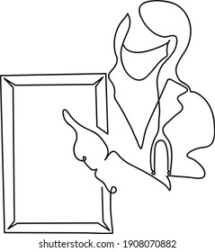 One line drawing of nurse in protective face mask.
One continuous line drawing of empty magnetic board and doctor.