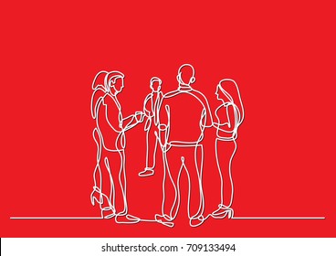 one line drawing of office party with people standing and talking