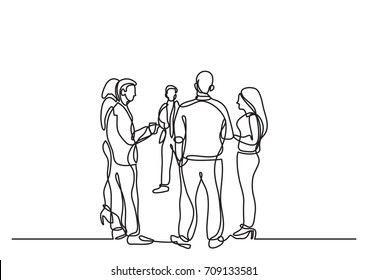 one line drawing of office party with people standing and talking