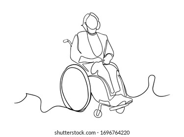 One line drawing of a old patient with wheelchair in hospital - continuous line drawing vector. continuous single drawn one linet woman on an wheelchair drawn by hand picture silhouette.