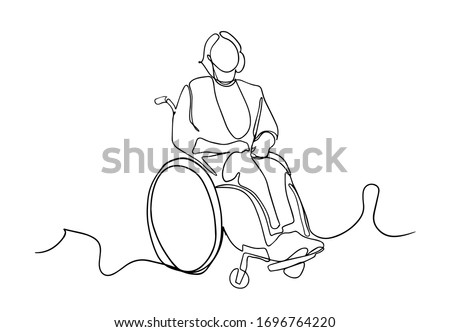 One line drawing of a old patient with wheelchair in hospital - continuous line drawing vector. continuous single drawn one linet woman on an wheelchair drawn by hand picture silhouette.