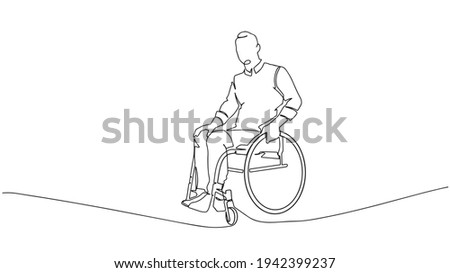 One line drawing of a old patient with wheelchair in hospital - continuous line drawing vector. continuous single drawn one line woman on an wheelchair drawn by hand picture silhouette.