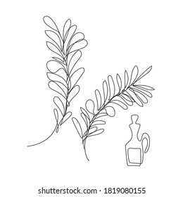 One Line Drawing Olive Branch   Oil Bottle  Minimal One Line Drawing Olive Twig in Sketch Art Style  Continuous Line Draw Vector Illustration