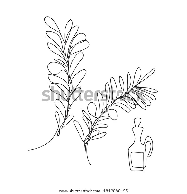 One Line Drawing Olive Branch and Oil\
Bottle. Minimal One Line Drawing Olive Twig in Sketch Art Style,\
Continuous Line Draw Vector\
Illustration