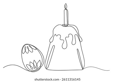 One line drawing on Easter theme. Easter cake with a lit church candle.