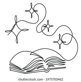 One line drawing of open book and flying pages.
One continuous line drawing of magic book.