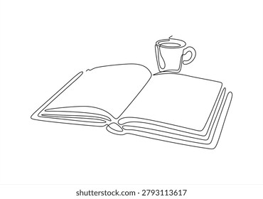 One Line Drawing of Open Book, Pen and Coffee Cup. Writing and Creativity Concept, A single continuous line drawing depicts a steaming cup of coffee and an open book, illustrating the joy of reading