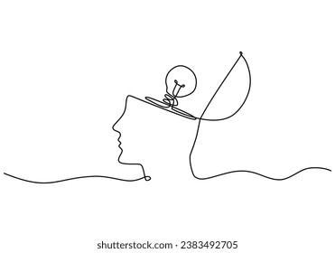 One line drawing of open brain and light bulb. Creative thinking metaphor. Vector illustration isolated. Minimalist design handdrawn.