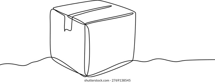 One line drawing of an open cardboard box isolated on a white background with a wavy line Vector, illustration, Cardboard boxes piled together in one continuous line. Vector illustration, One line art