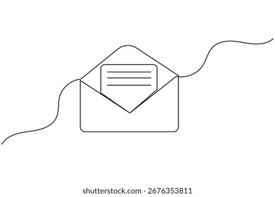 Um desenho de linha de um envelope aberto com uma letra dentro, perfeito para comunicação e conceitos de correio
