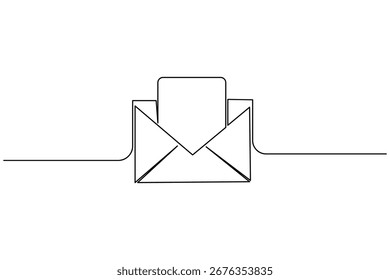 Um desenho de linha de um envelope aberto com uma letra dentro, perfeito para comunicação e conceitos de correio