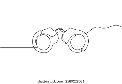 One Line Drawing of Open Handcuffs, Clean Design Representing Justice and Security, Handcuffs in one continuous line drawing. Symbol of police justice and jail prison concepr in simple linear style.