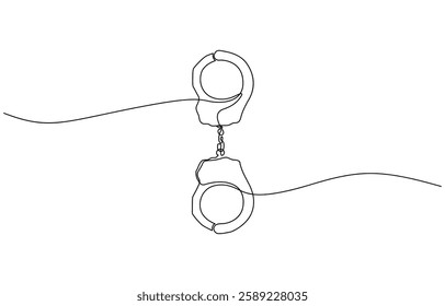 One Line Drawing of Open Handcuffs, Clean Design Representing Justice and Security, Handcuffs in one continuous line drawing. Symbol of police justice and jail prison concepr in simple linear style.