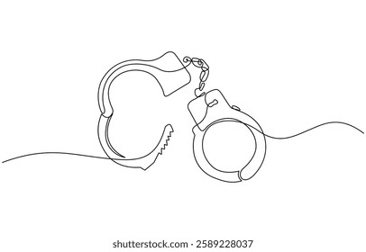 One Line Drawing of Open Handcuffs, Clean Design Representing Justice and Security, Handcuffs in one continuous line drawing. Symbol of police justice and jail prison concepr in simple linear style.