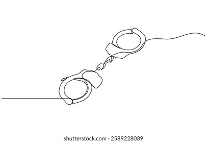 One Line Drawing of Open Handcuffs, Clean Design Representing Justice and Security, Handcuffs in one continuous line drawing. Symbol of police justice and jail prison concepr in simple linear style.