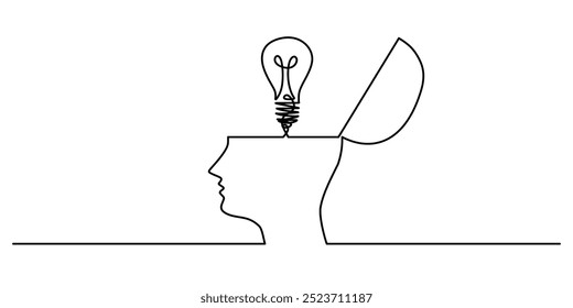 Un dibujo de línea de una cabeza abierta con una bombilla. Representación minimalista de la creatividad y las ideas. Ilustración vectorial.