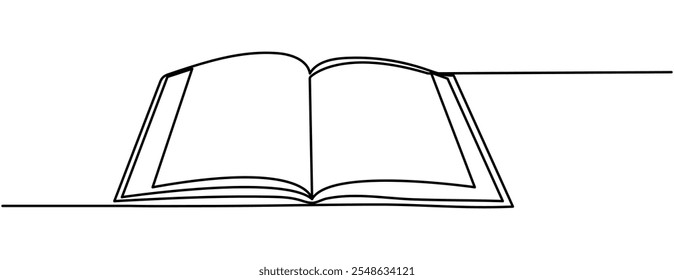 Eine zeilige Zeichnung des geöffneten Buches einzeln auf weißem Hintergrund. Kontinuierliche einzeilige Zeichnung eines offenen Buches mit fliegenden Seiten. Bildung und Wissensbibliothek Konzept im einfachen linearen Stil. Bearbeitbar
