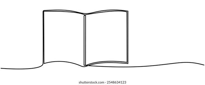 One line drawing of opened book isolated on white background. Continuous one line drawing of open book with flying pages. Education and knowledge library concept in simple linear style. Editable