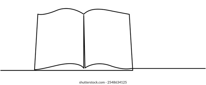 Eine zeilige Zeichnung des geöffneten Buches einzeln auf weißem Hintergrund. Kontinuierliche einzeilige Zeichnung eines offenen Buches mit fliegenden Seiten. Bildung und Wissensbibliothek Konzept im einfachen linearen Stil. Bearbeitbar