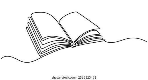 One line drawing of opened book isolated on white background, Continuous one line drawing of opened book. Book outline vector illustration. Editable stroke,  Education, idea, school concept single. 