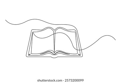 One line drawing of opened book isolated on white background, Book continuous one line art isolated vector illustration.