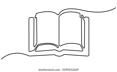 One line drawing of opened book isolated on white background. Continuous one line drawing of open book, Education and knowledge library concept