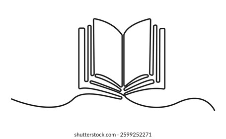 One line drawing of opened book isolated on white background. Continuous one line drawing of open book, Education and knowledge library concept
