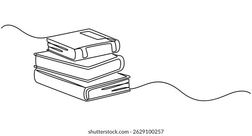 One line drawing of opened book isolated on white background, Stack of books with opened book on top in one continuous line. Symbol of library, education, literature, reading in one line style. Vector