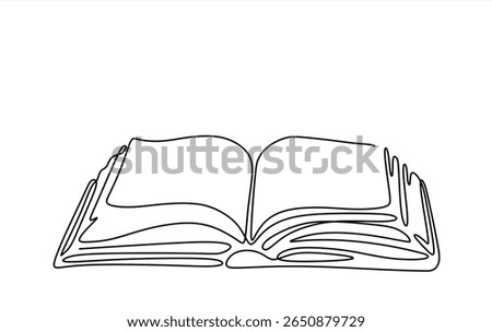 One line drawing of opened book isolated on white background, Continuous one line drawing of opened book. Book outline vector illustration. Editable stroke, Education, idea, school concept single.	
