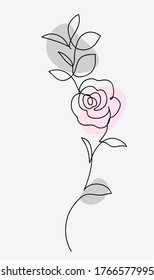 
One line drawing. Ornament with garden rose and leaves. Hand drawn sketch. Vector illustration. 