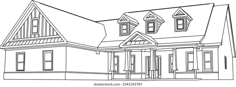 one line drawing and outline house on the white background