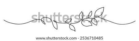 One line drawing. Outline twig with leaf. Abstract decorative horizontal border element with stem and leaves. Frame design element. Vector illustration.