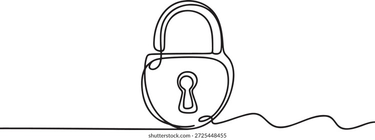 One line drawing of padlock. Modern continuous line art of security symbol. Drawing of a classic lock with keyhole. Single line of padlock isolated on transparent background. Concept of safety and protection. Minimalism style.