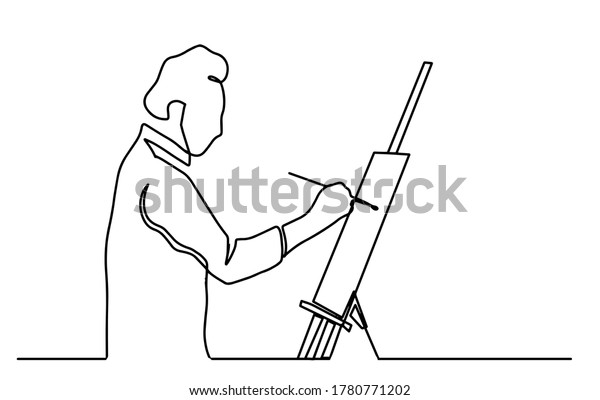 画家の1行絵 立ち上がり キャンバスに絵を描く男性 ペイントブラシを持つ男性 意味のある抽象画 連続した手描きのミニマリズム のベクター画像素材 ロイヤリティフリー