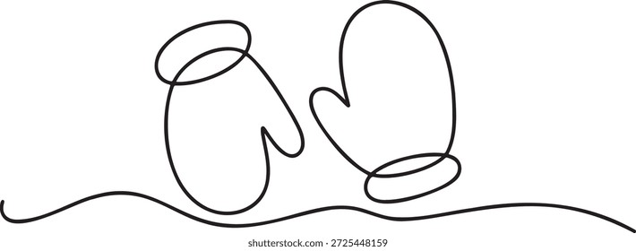 One line drawing of a pair of gloves. Modern continuous line art of winter accessories. Drawing of warm mittens. Single line of gloves isolated on transparent background. Concept of cold weather and warmth. Minimalism style.