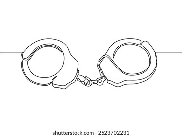 One line drawing of a pair of handcuffs. Minimalist depiction symbolizing law enforcement. Vector illustration.