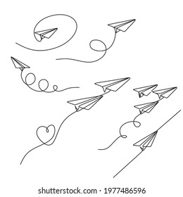 One line drawing of paper airplane. Concept of plane flying symbol of creativity and freedom.