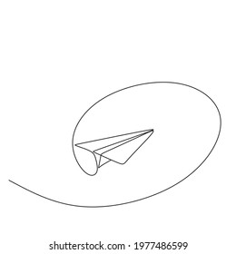 One line drawing of paper airplane. Concept of plane flying symbol of creativity and freedom.