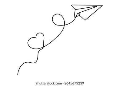 One line drawing of paper plane flying with hearts minimal style love vector artwork
