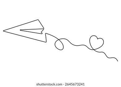 One line drawing of paper plane flying with hearts minimal style love vector artwork
