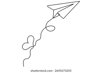 One line drawing of paper plane flying with hearts minimal style love vector artwork
