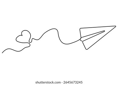 One line drawing of paper plane flying with hearts minimal style love vector artwork
