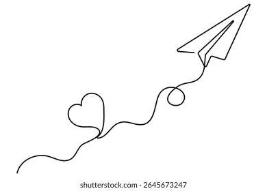 One line drawing of paper plane flying with hearts minimal style love vector artwork
