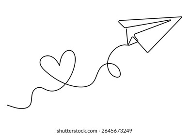 One line drawing of paper plane flying with hearts minimal style love vector artwork
