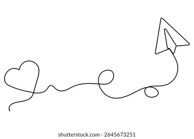 One line drawing of paper plane flying with hearts minimal style love vector artwork
