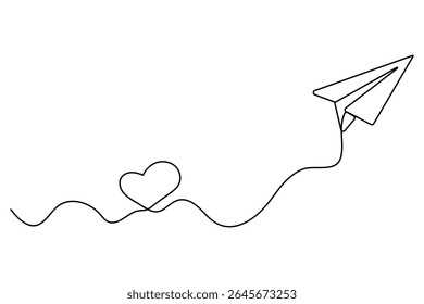One line drawing of paper plane flying with hearts minimal style love vector artwork
