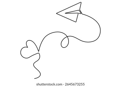 One line drawing of paper plane flying with hearts minimal style love vector artwork
