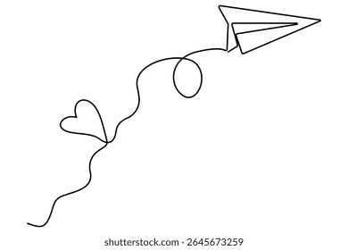 One line drawing of paper plane flying with hearts minimal style love vector artwork
