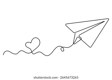 One line drawing of paper plane flying with hearts minimal style love vector artwork
